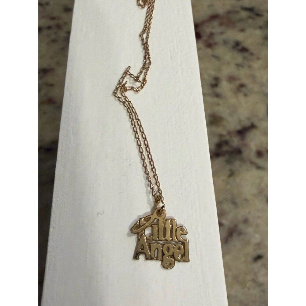 Little Angel Gold Tone / 14K GP Pendant Necklace Dainty Script Vintage